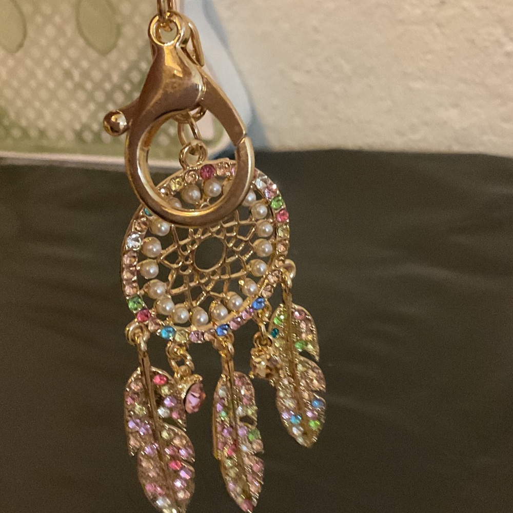 Gold Dreamcatcher Feather Bagcharm with Multicolor Crystals - Picture 2 of 3